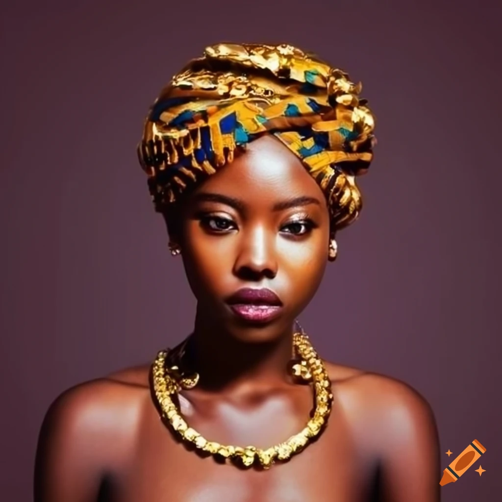 a young african queen, with brown skin, with box braid, wearing gold jewelry and kente