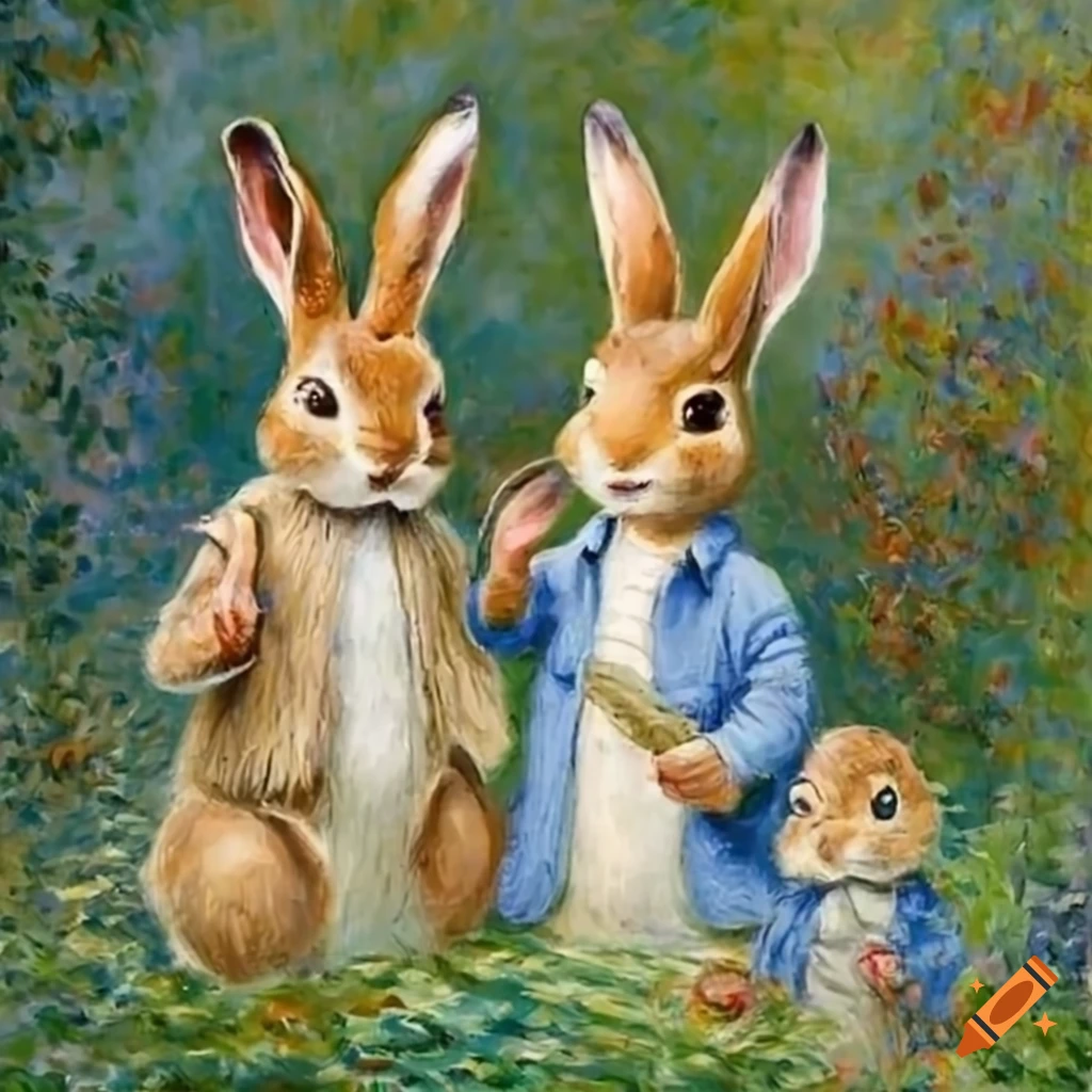 Peter rabbit family with mom and children,