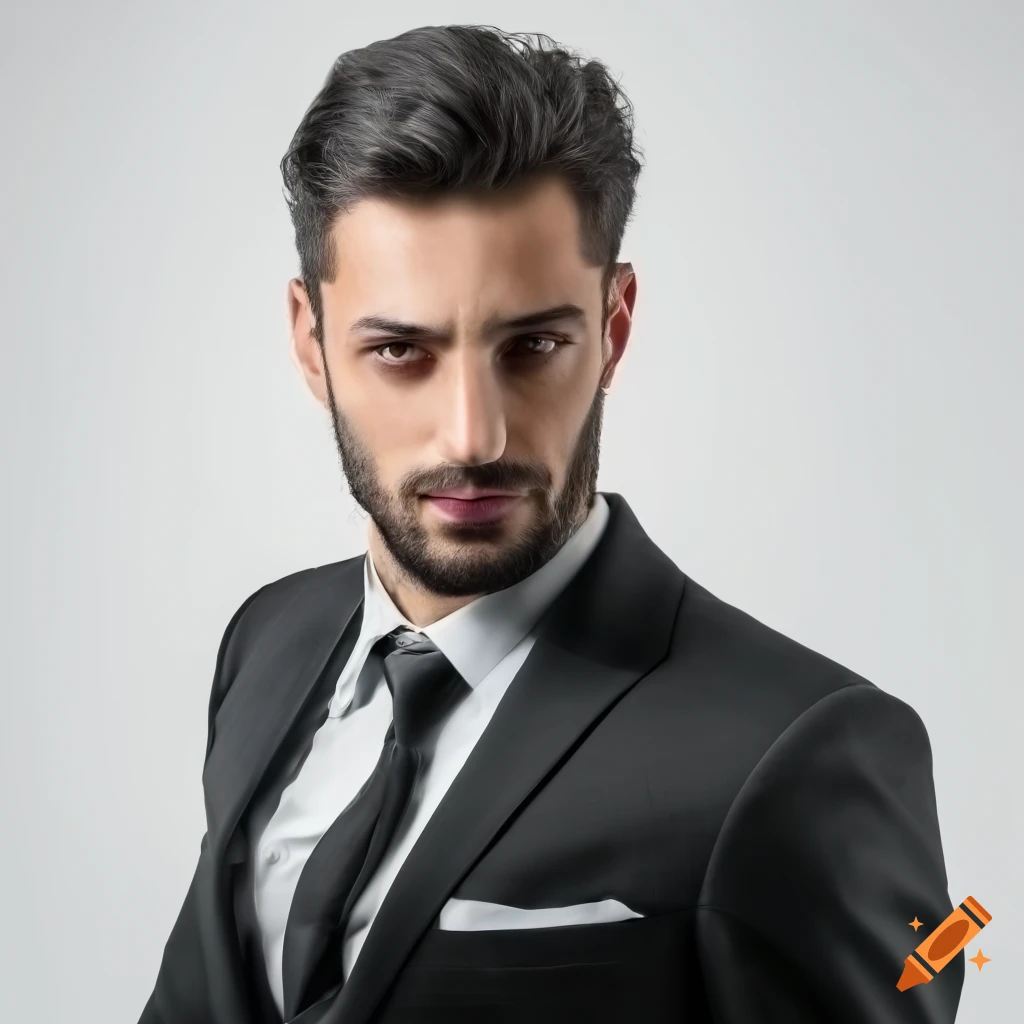Handsome greek man in a dark suit in front of a white background