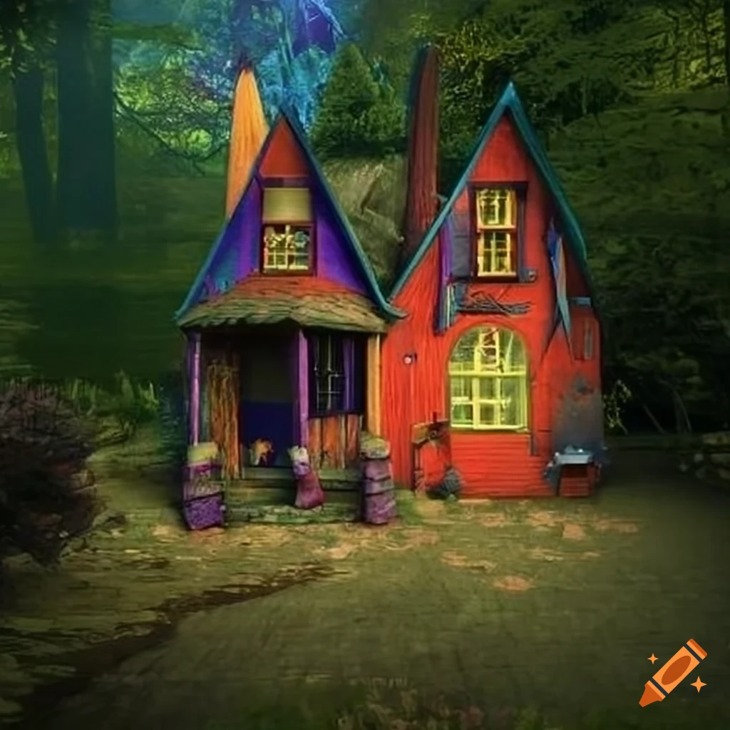 Witch house, garden cabin, hut, colors, disco, psycadelic