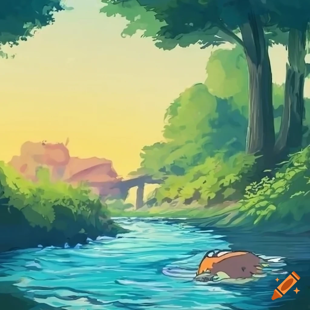A fox by a river in the style of studio ghibli on Craiyon