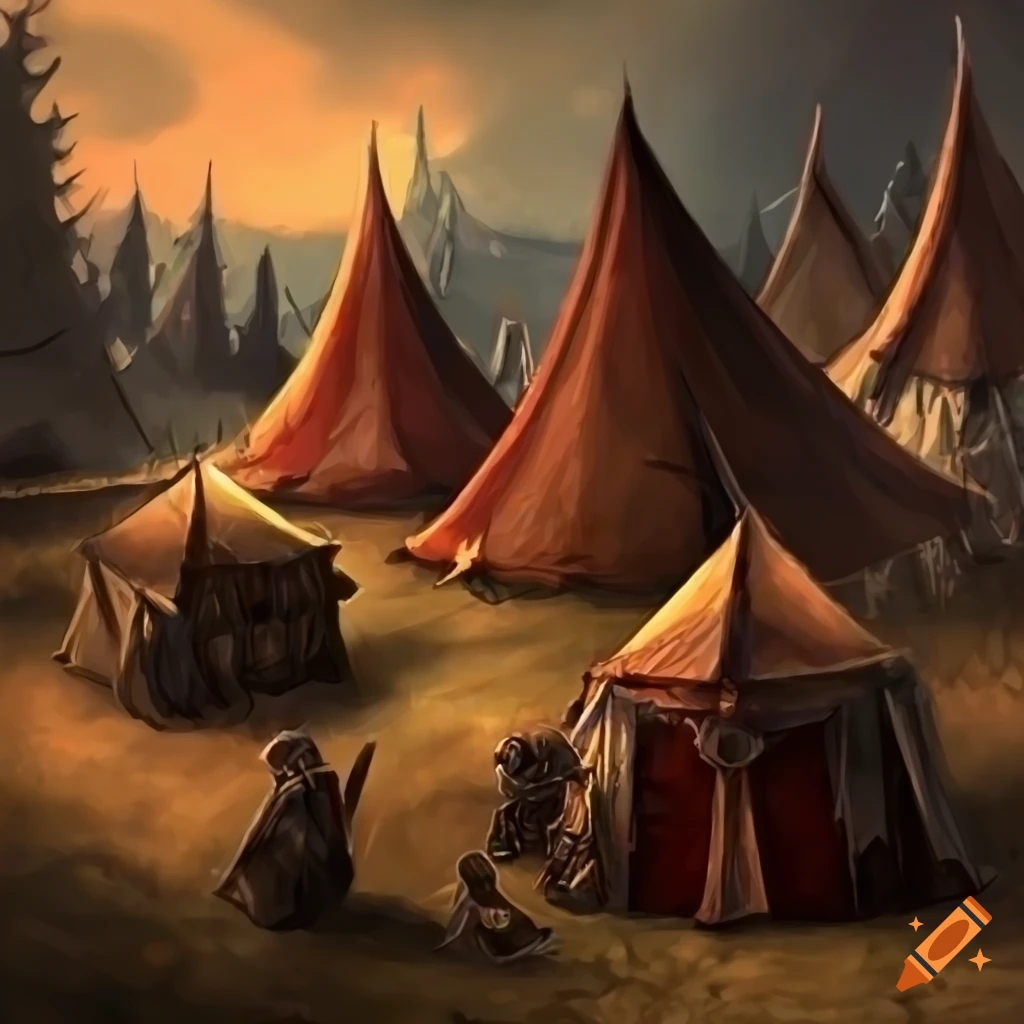 medieval soldiers camp, tents, in a fantasy world, fantasy card game