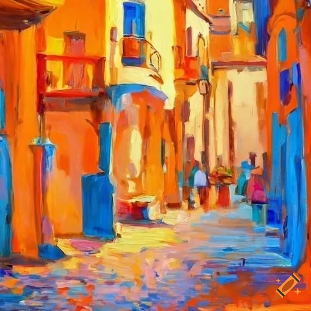 Blue and orange painting of Spanish town in impressionist style