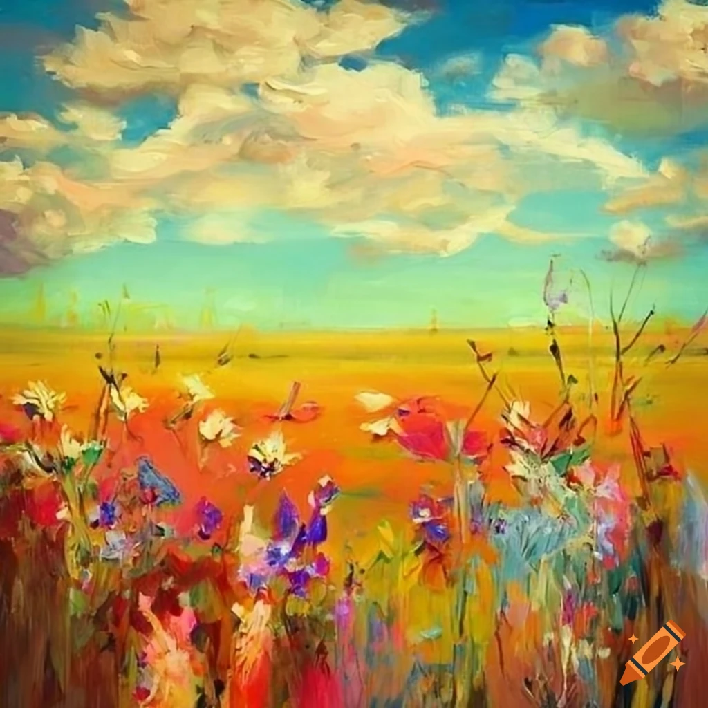 Retro oil painting with colorful wildflowers in a field underneath sky ...