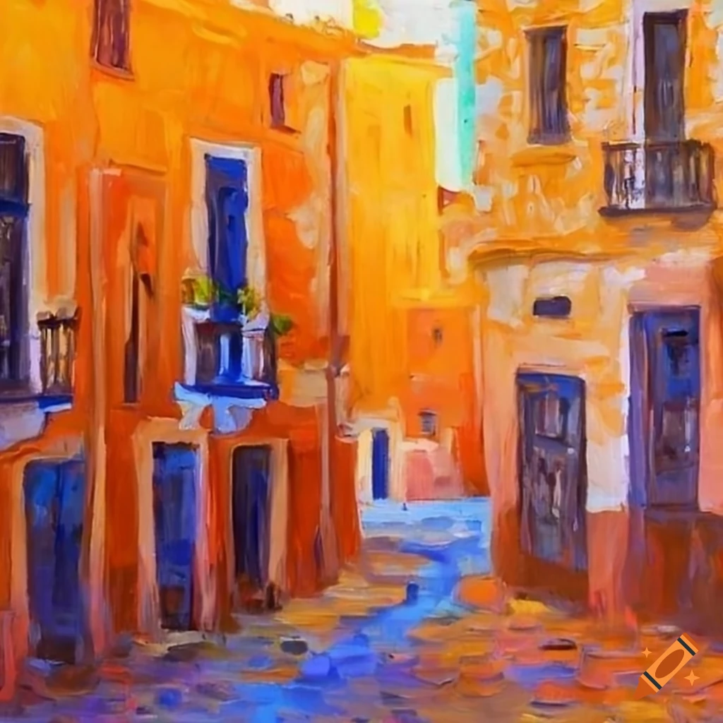 Blue and orange painting of spanish town in impressionist style