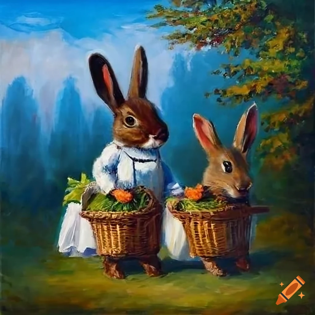 Classic painting of 2 brown rabbits with white spots wearing overalls ...