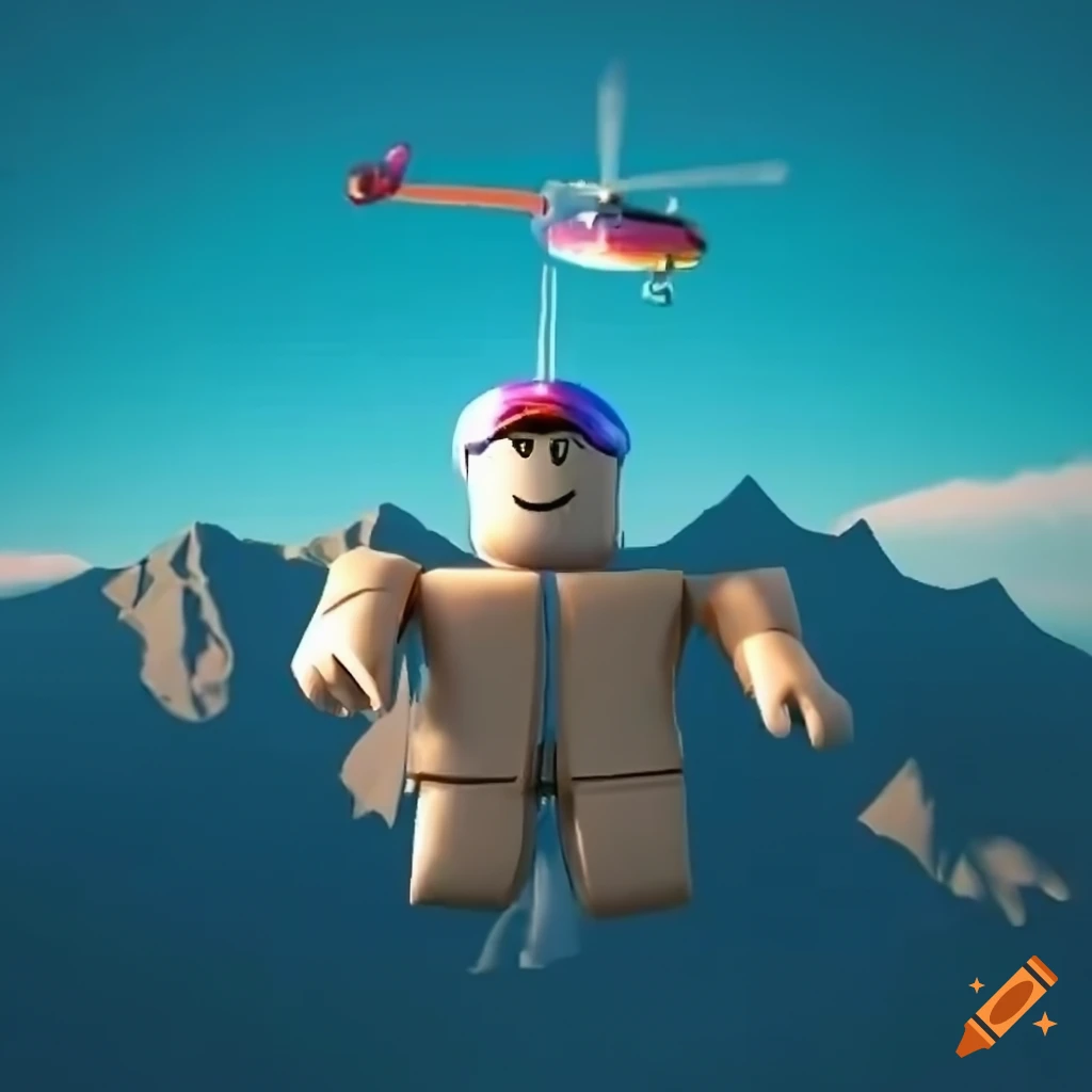3d render of a roblox character hanging from a helicopter in the middle of the mountains