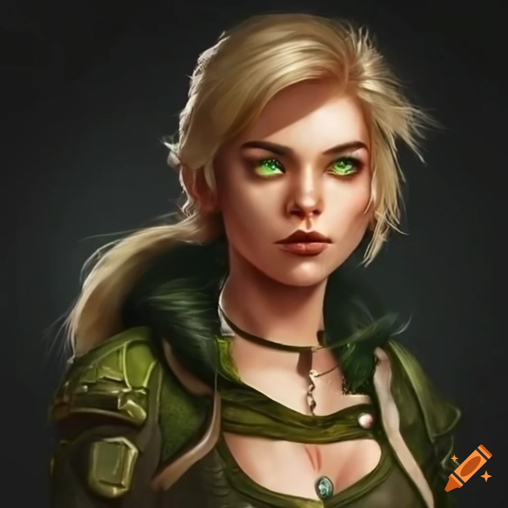 Female ranger, braided hair, short hair, green eyes, blond hair on Craiyon