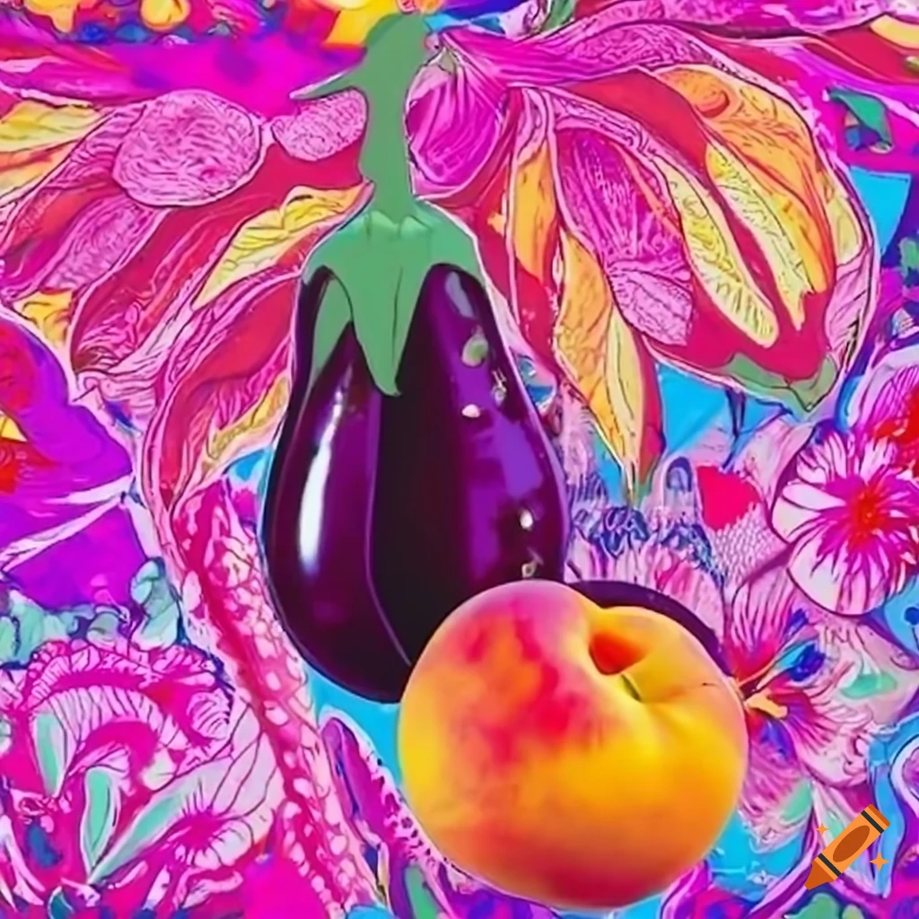 Vibrant pattern of peaches and eggplants in lisa frank's signature style