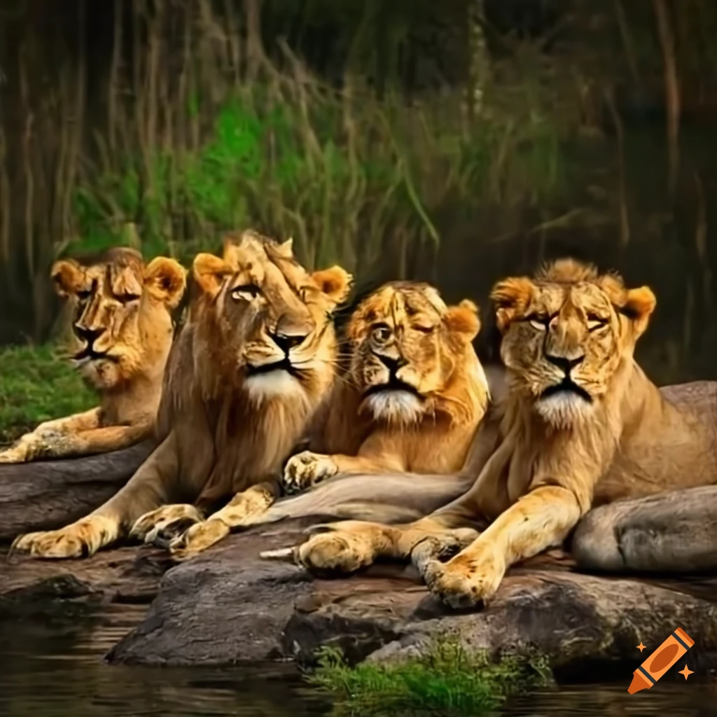 A group of lions resting near a stream on Craiyon