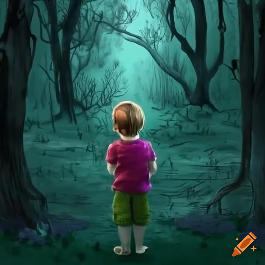 a child searching for a missing toy in a mysterious forest in 3D
