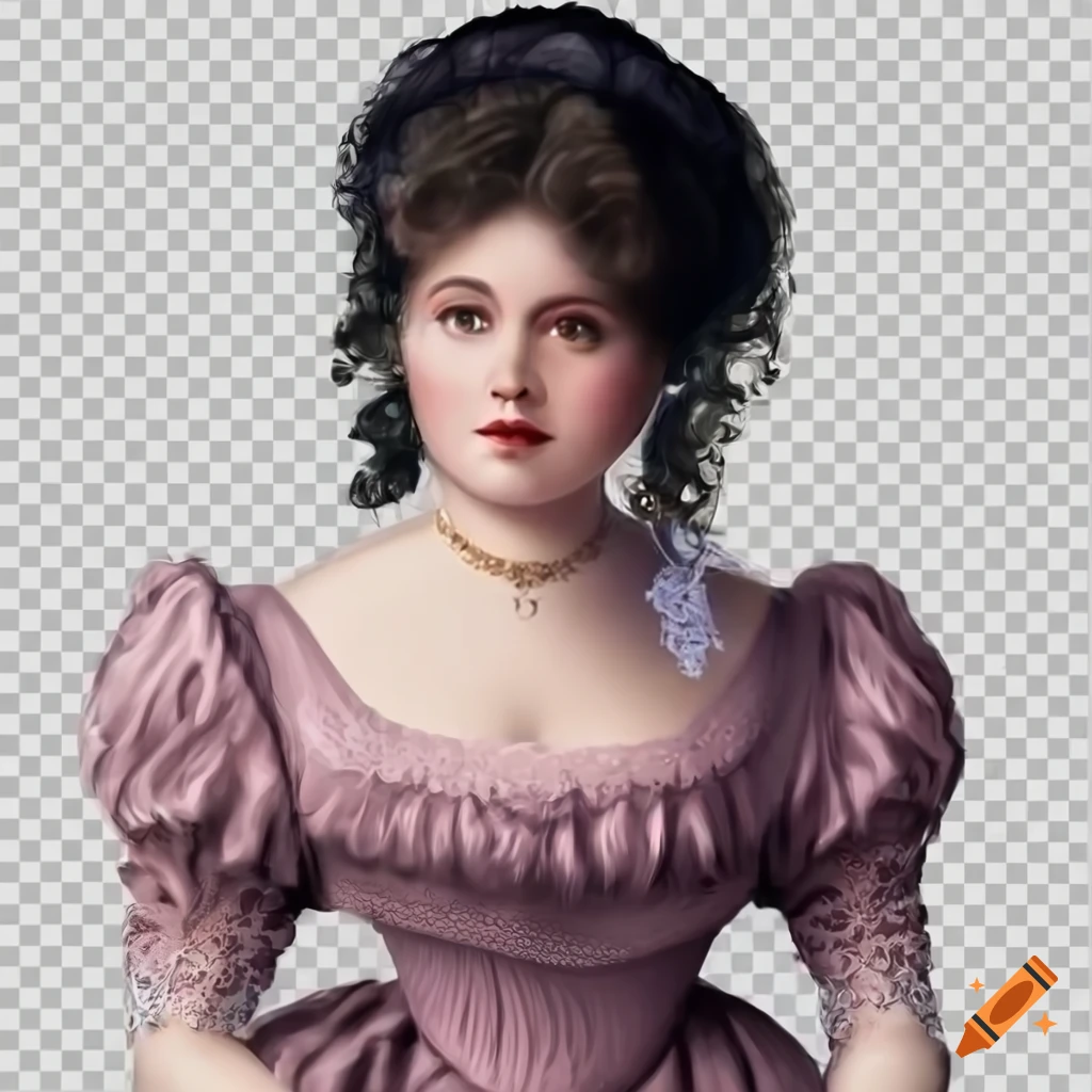A beautiful blackhaired gibson girl style woman wearing 1890’s mauve