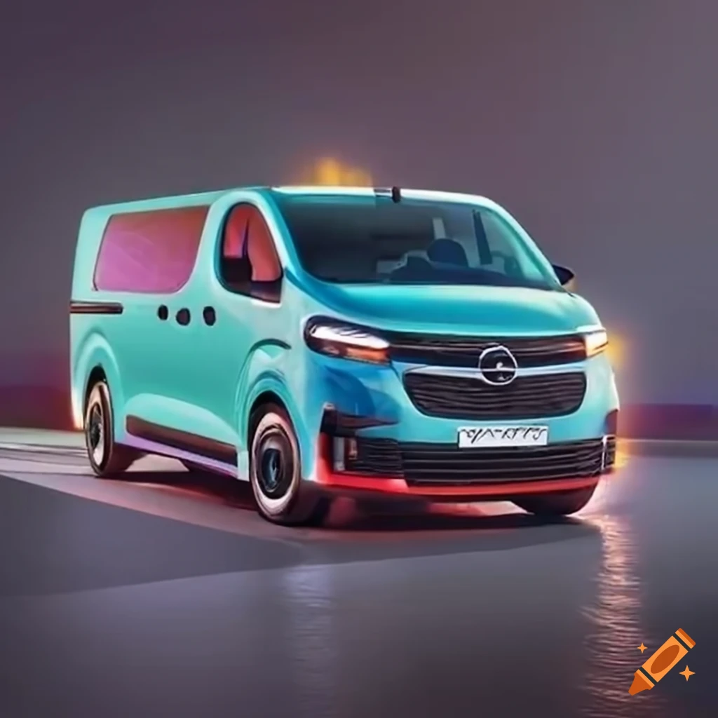 Generate an image of a 2028 opel vivaro-e pro van. the vehicle should be  all-electric with a sleek, modern, aerodynamic design. it should have led  lights and a spacious interior visible through
