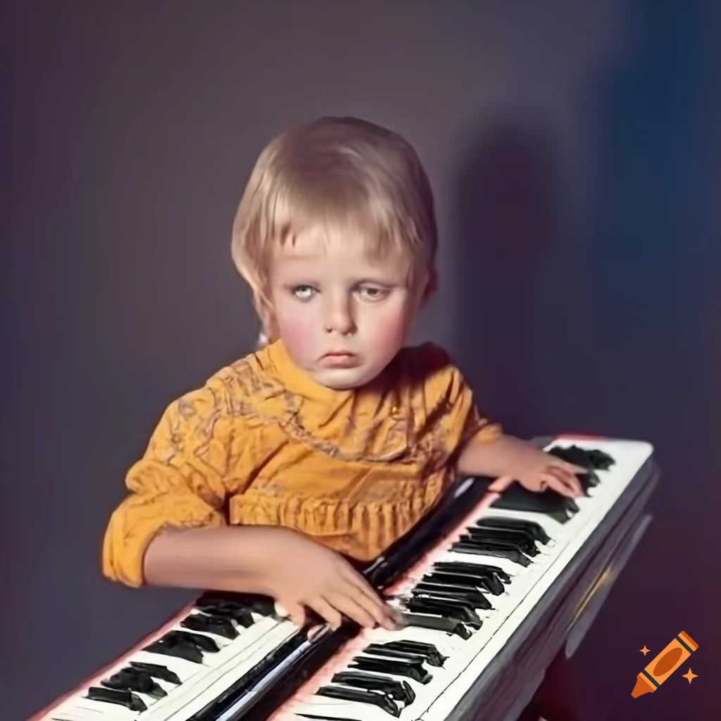 1970's colored photo of a child with a synthesizer