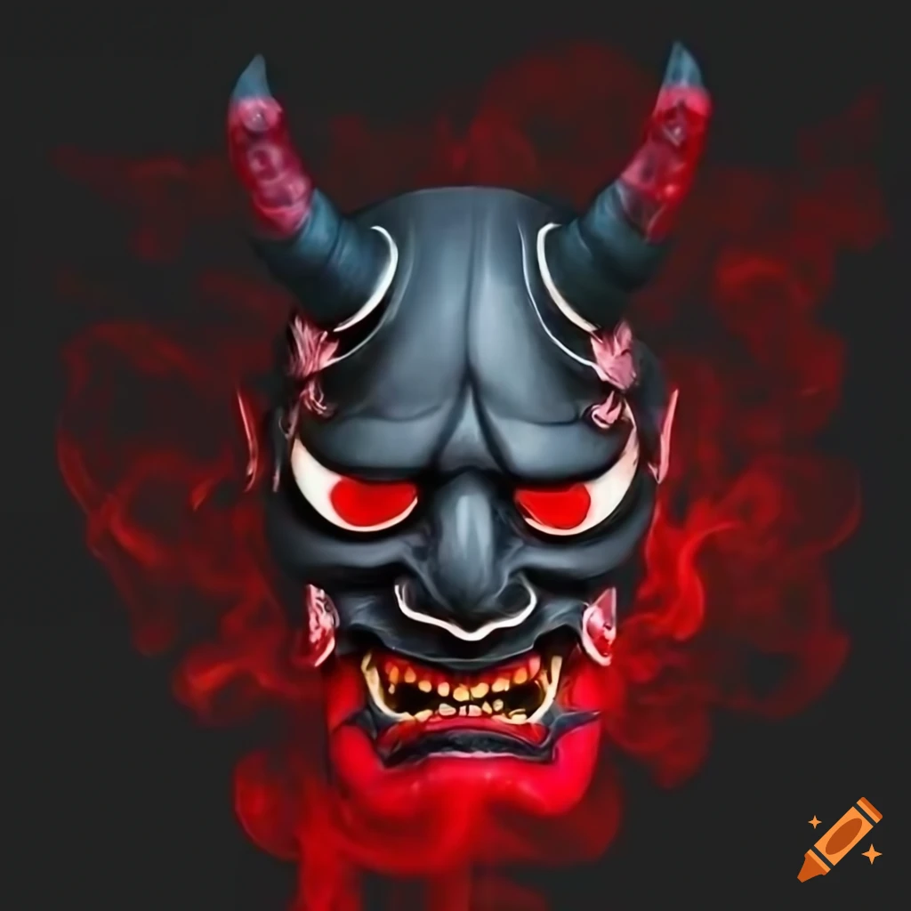 Black and red oni mask surrounded by black smoke