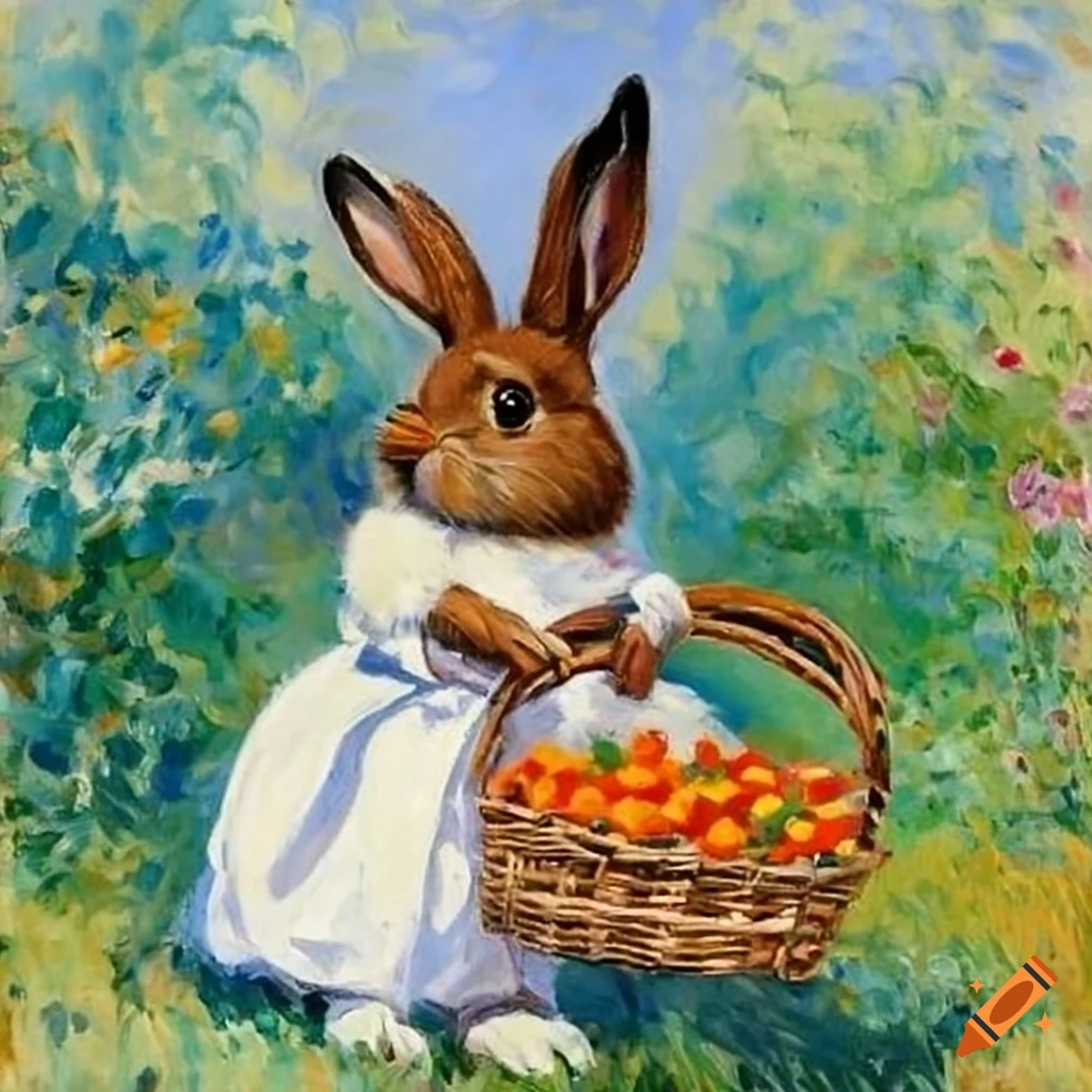 Monet Rabbit Classic painting of 2 brown rabbits with white spots wearing overalls ...