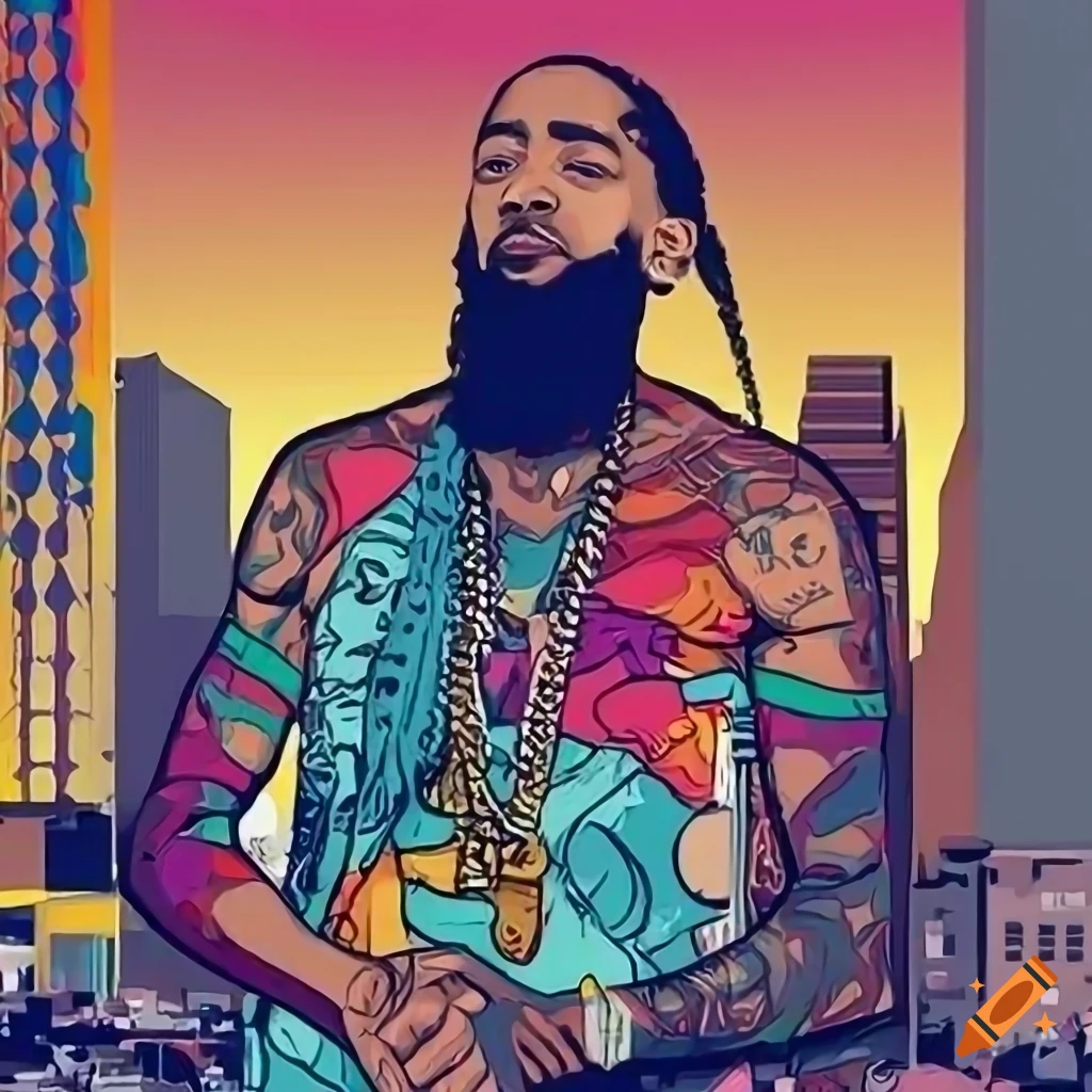 Rapper nipsey hussle vector art mural with cityscape of south los