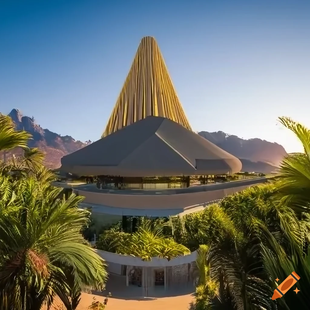 epic eye level view of a contemporary tower, golden intricate details, stone facade, sacred architecture, hanging gardens, cascading highrise, arid mountains with lush palm forest, photorealistic, sunlight, 8 k, post - production, octane, cgi, sfx