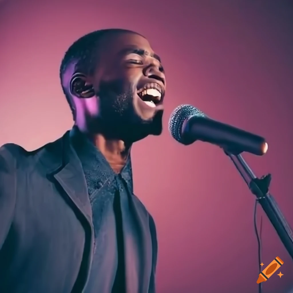 Black man singing on stage with friends