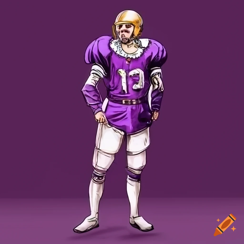 a full body drawing of a man wearing tudor attire clothing and a modern purple american football helmet