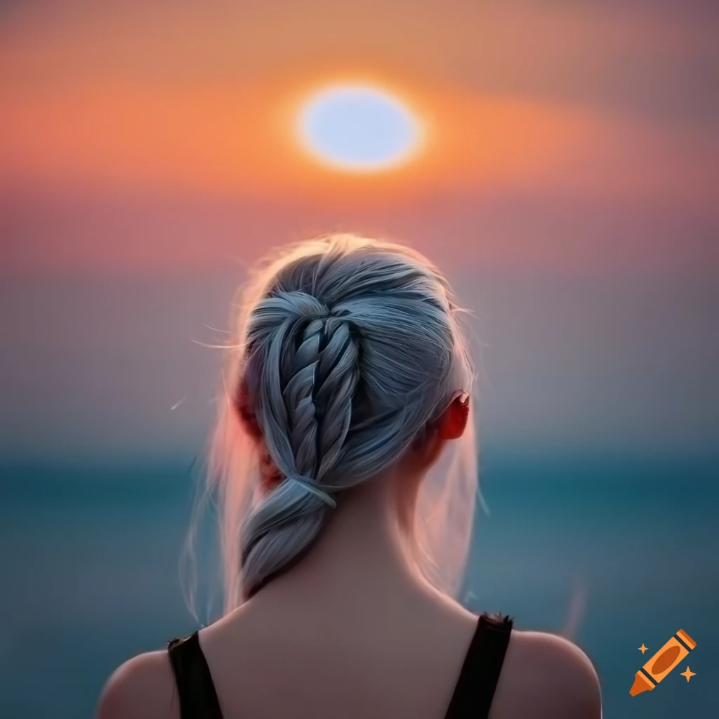 Silver haired girl with a crown braid hairstyle looking over at a sunset,  back view, picturesque, vibrant colors, detailed, hd on Craiyon