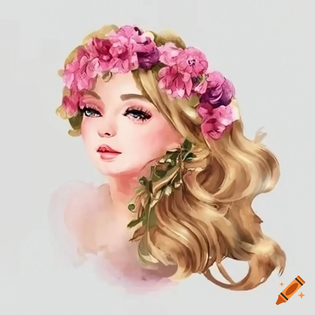 Cute Girl With Pink Rosses Clipart, Fashion Illustration, PNG File