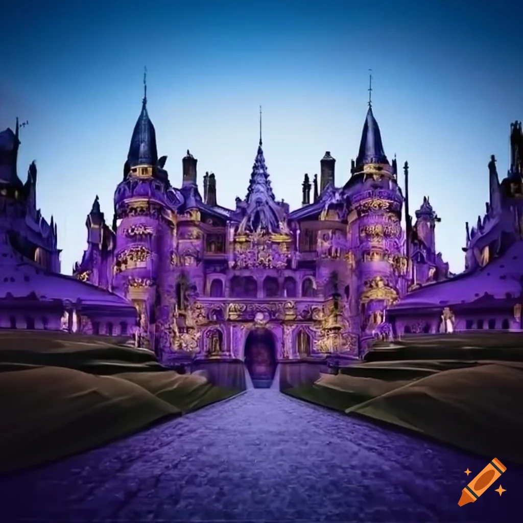 A majestic castle adorned with purple and gold embellishments on Craiyon