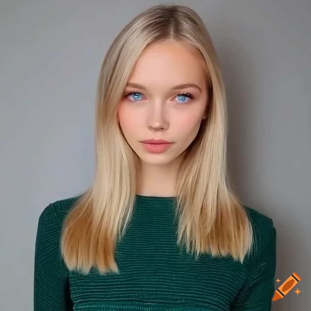 Life-like portrait of a skinny and pretty nordic blonde girl with