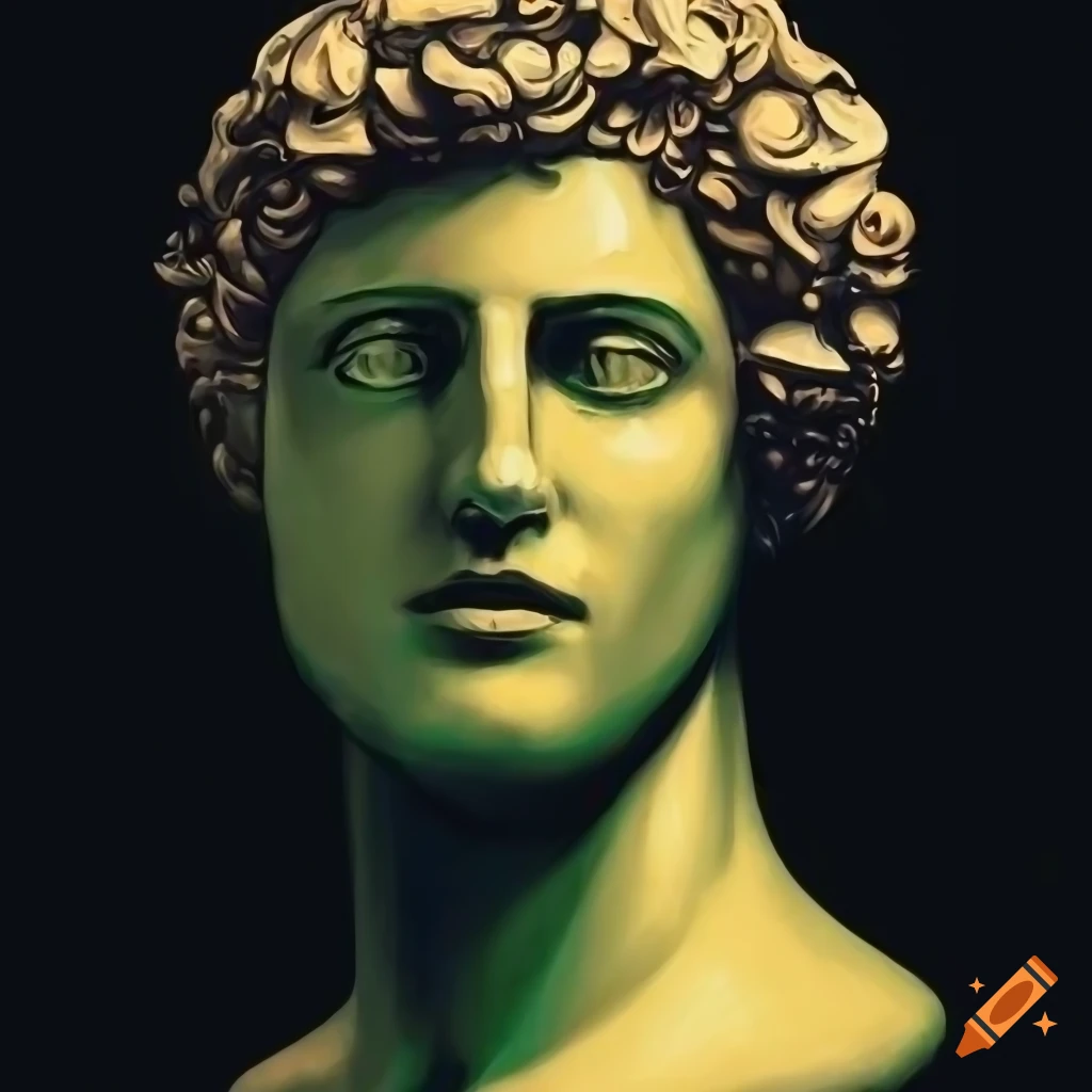 Greek statue, color block, painting, pop art style, dark, realistic on