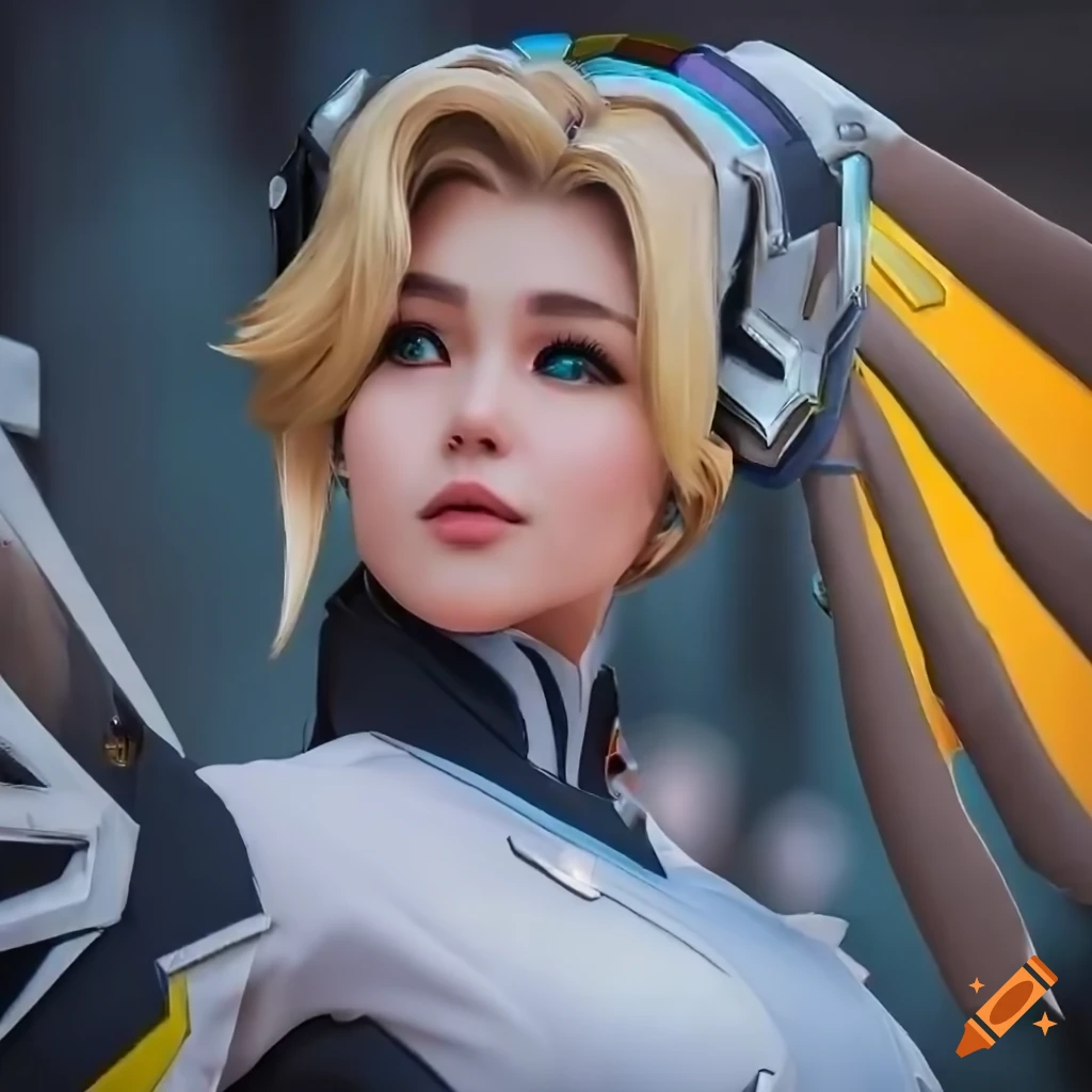 Close Up Potrait Blonde Female Wearing Costume From Mercy Ffrom The Game Overwatch 200mm Lens 5348