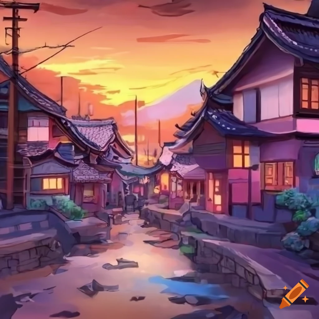 Vibrant anime-style artwork showcasing a peaceful japanese village scene