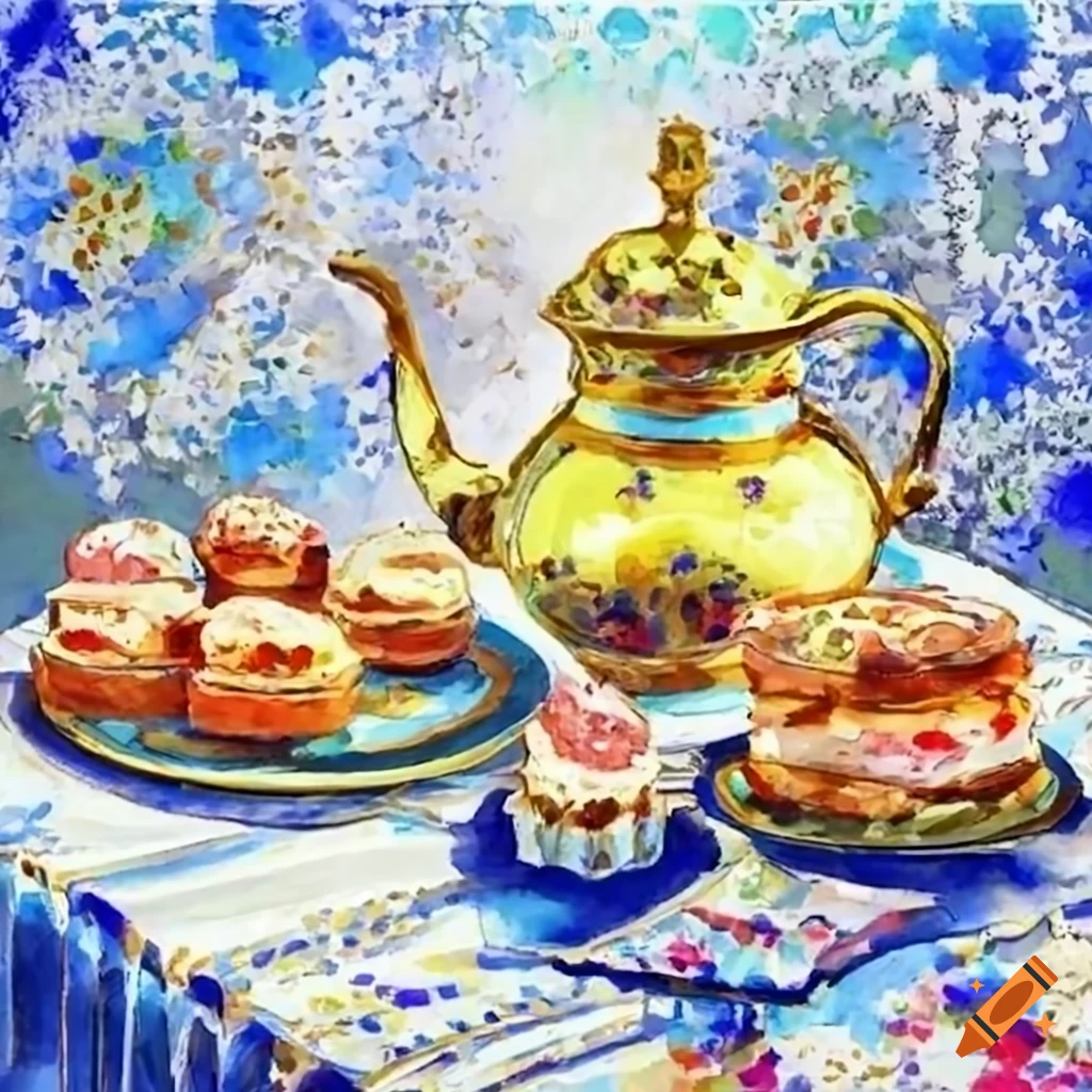 Digital watercolor painting showing a faience tea set, on a table with ...