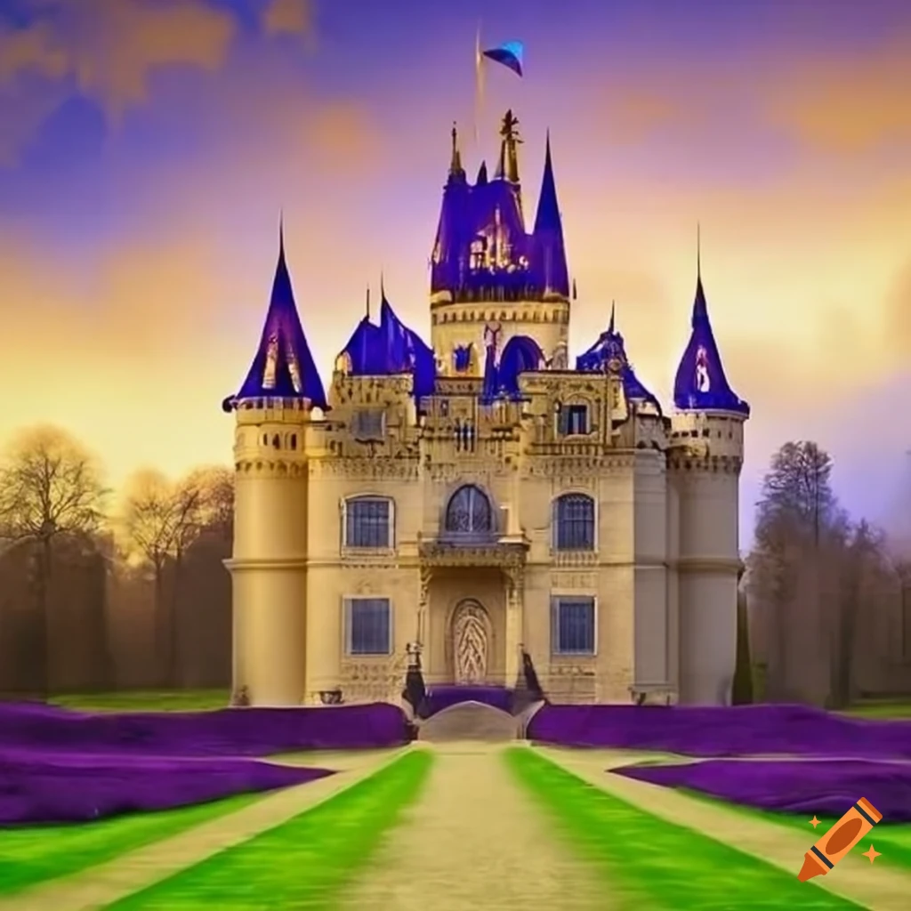 A majestic castle adorned with purple and gold embellishments on Craiyon