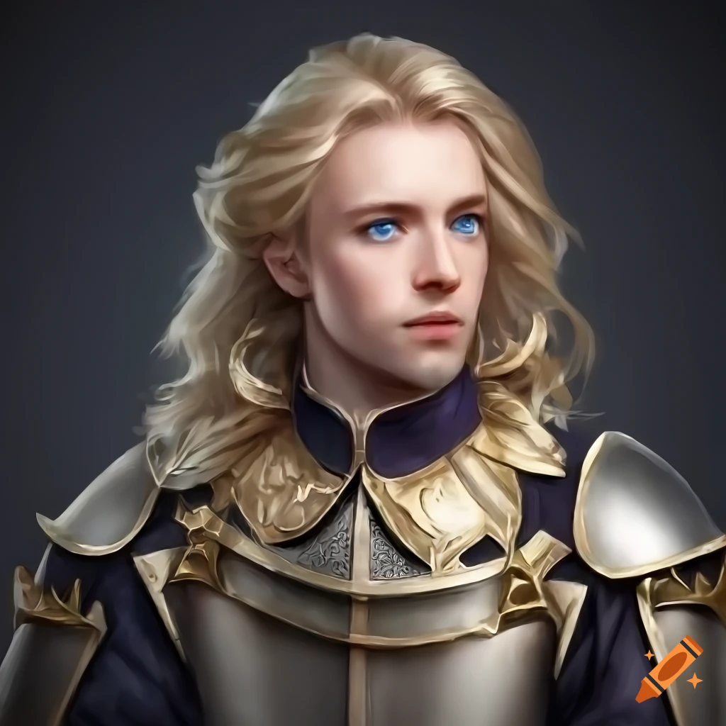 Portrait of Lancelot, Knight, Long Blonde Wavy Hair, Sword, Handsome, Charming, Soft Features, Blue Eyes, Baroque Outfit, Proud, Realistic, Detailed, Smooth Face, High Definition