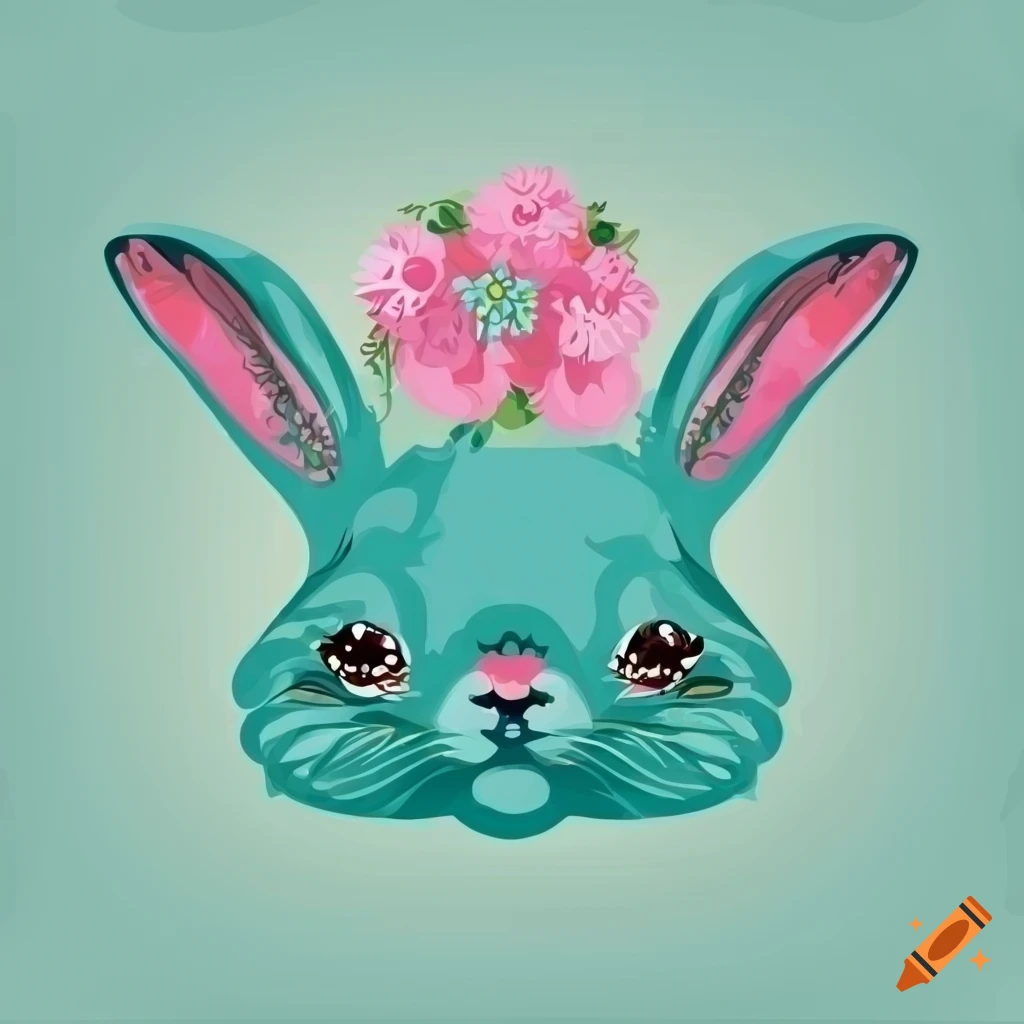 Head of a cute rabbit with a wreath of pink flowers on a white background vector illustration in shabby chic teal style