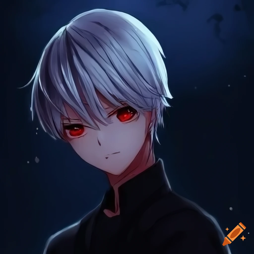 An anime boy character with white hair and red eyes, exuding confidence,  night background on Craiyon