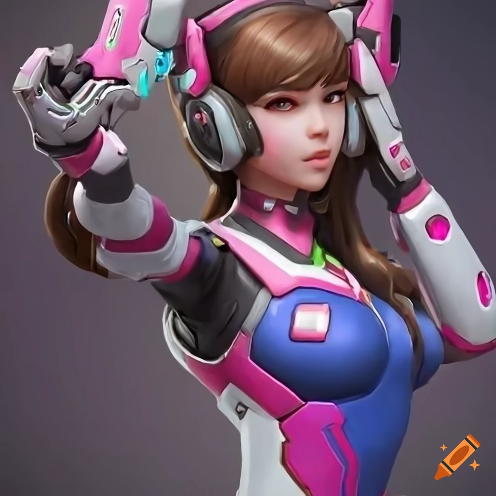portrait of Dva from overwatch sitting on robot backwards in realistic style with matte tight uniform. brown hair. high detail