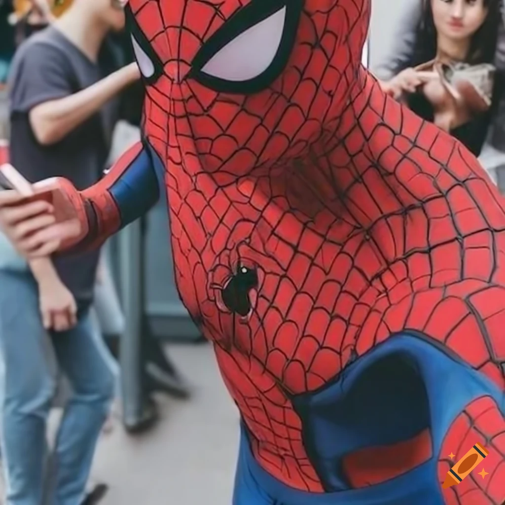 Spiderman character from marvel comics taking a selfie in the middle of ...