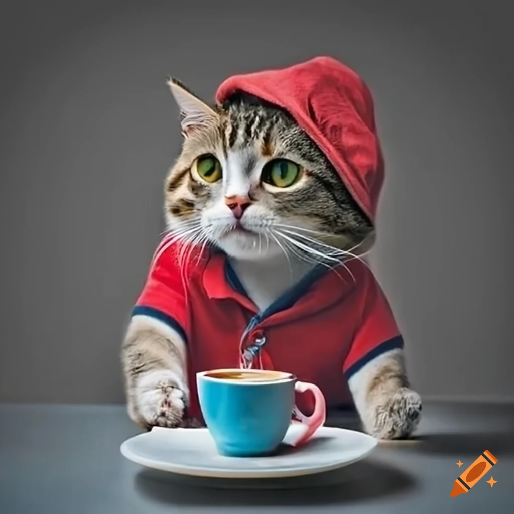 cat wearing polo t-shirt and french cap drinking coffee
