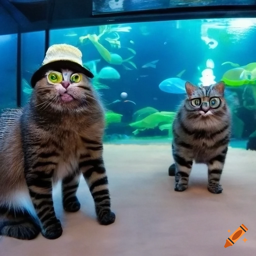 Two fat striped cats, wearing glasses, wearing pants, wearing a