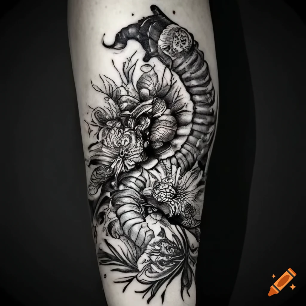 Black and white tattoo of intricate floral scenery with a