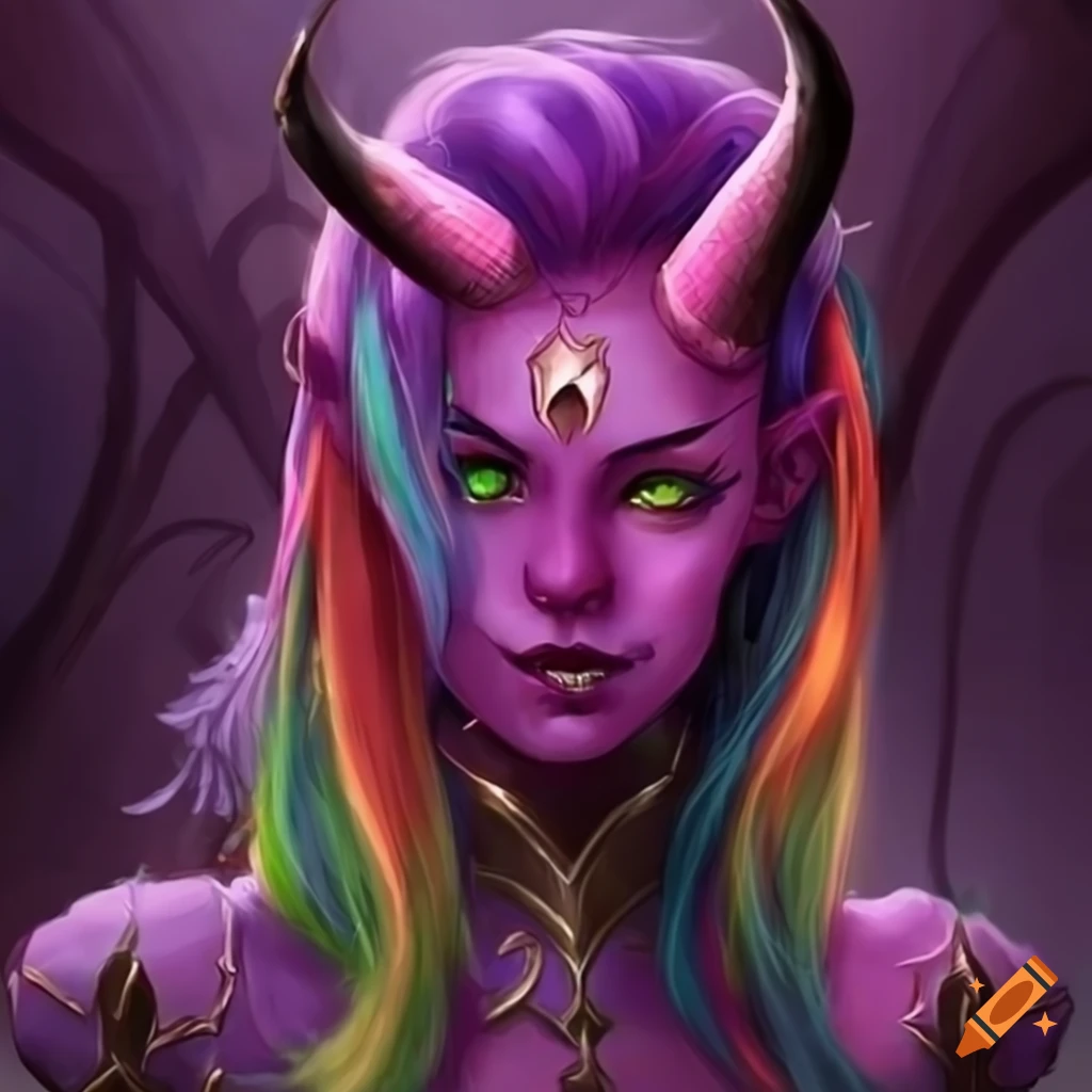 Rainbow haired tiefling priestess on Craiyon