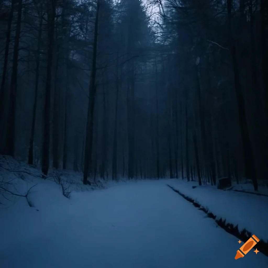 Real life, liminal space, a snowy dark forest space, dim lighting high ...
