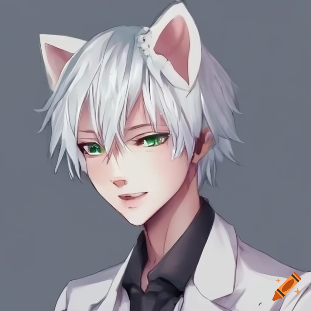 Anime cat boy with white hair, green eyes