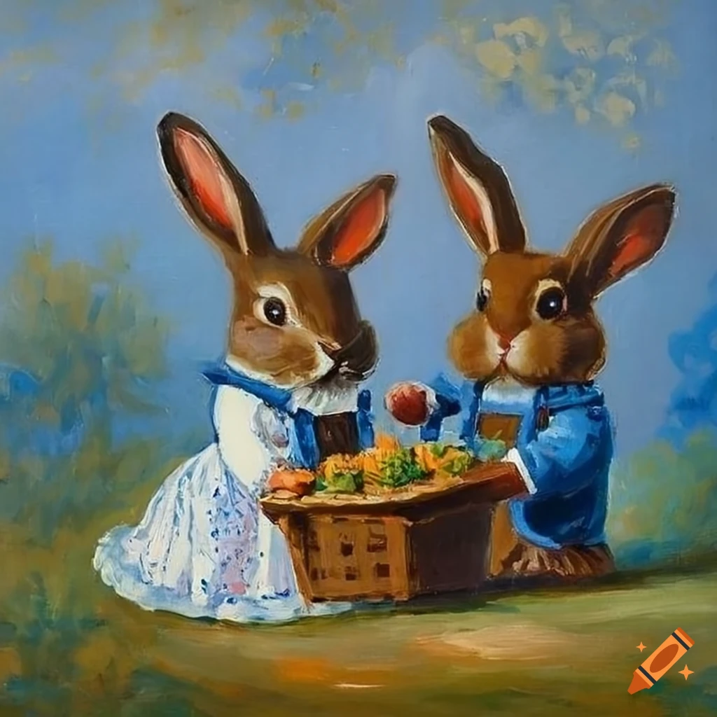 Classic painting of 2 brown rabbits with white spots wearing overalls ...