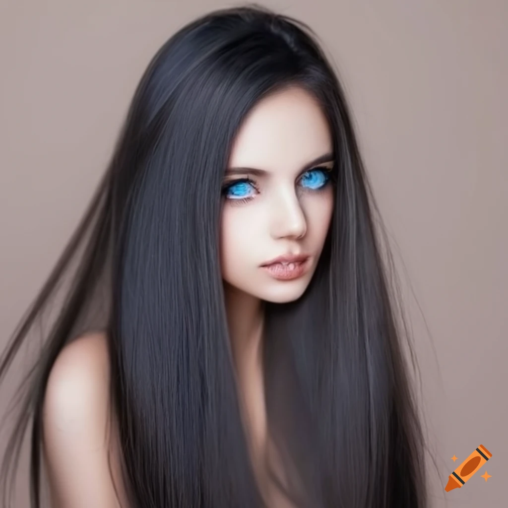 Beautiful Woman Blue Eyes Black Long Hair Ultra Detailed Hd Quality Half Body Beautiful 