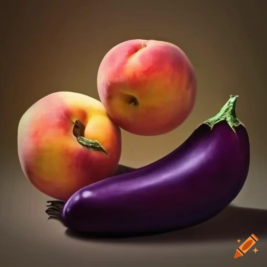 Still life with two peaches and eggplant