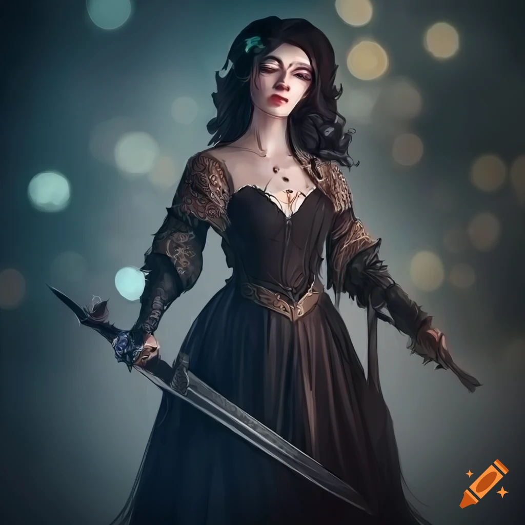 Beautiful dark woman with black robe and sword . Fantasy and