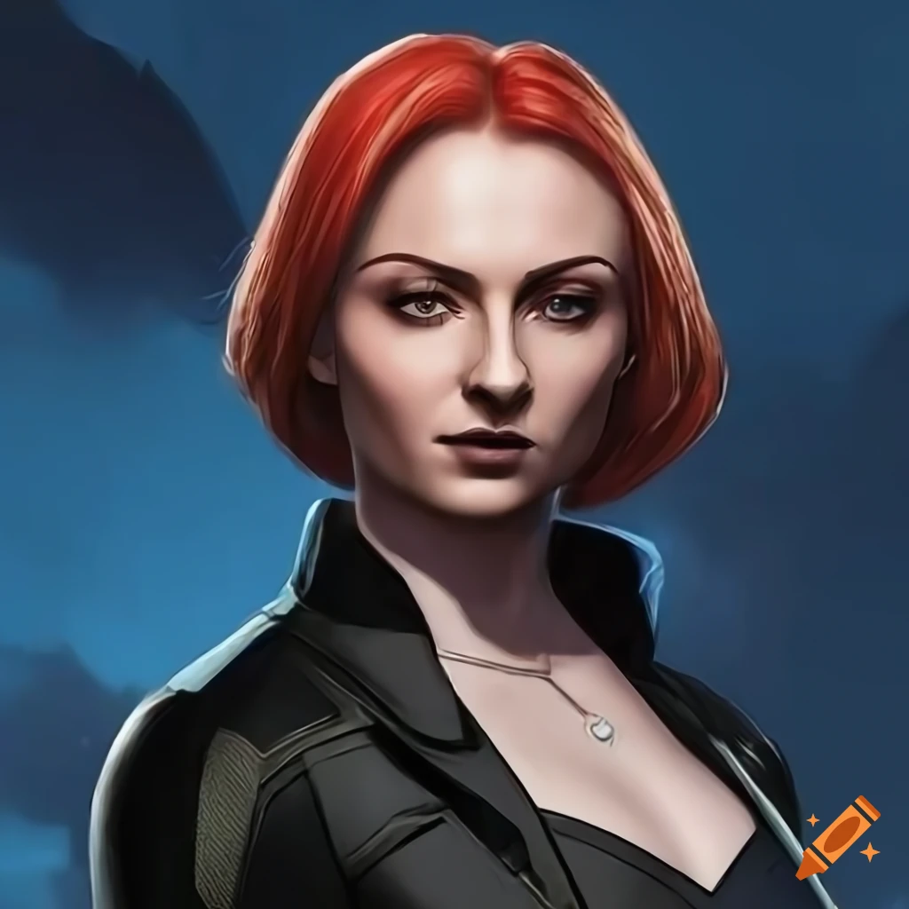 Digital, up close head and torso shot of, marvel future fight, sophie turner  as ultimate jean grey, short hair, black suit, golden accessories, red  insignia, blue backdrop