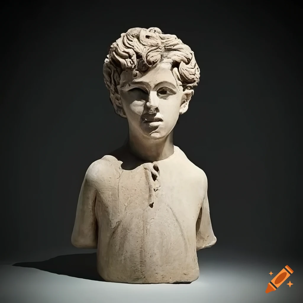 A stone, greek, sculpture of jack dylan grazer in a museum